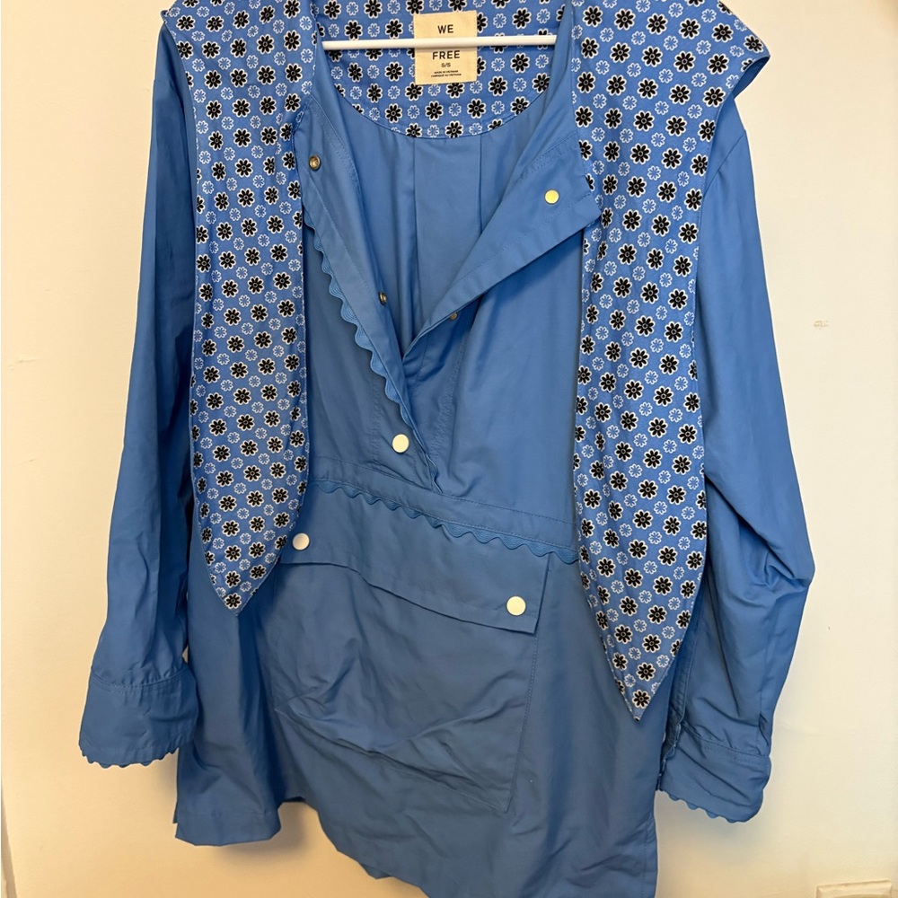 Free People Blue Rain Jacket with Patterned Trim and Hood